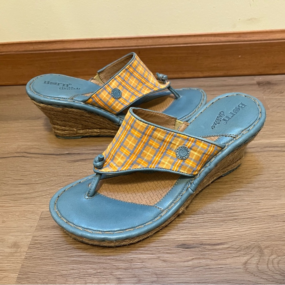 Born Blue Leather and Plaid Jute Wedge Sandals